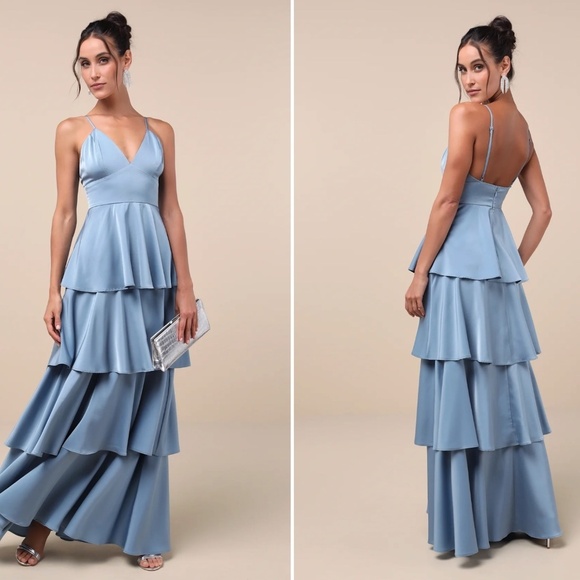 LULU's Prom Wedding Bridesmaid Satin Boho Tiered Ruffles Navy Maxi Dress - Picture 5 of 5